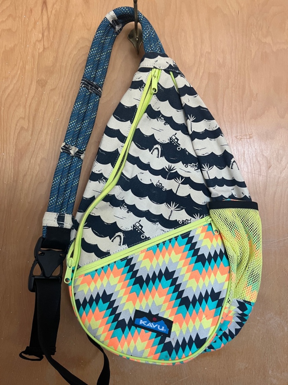 Kavu Multicolor Sling Bag with Neon Lime Accents